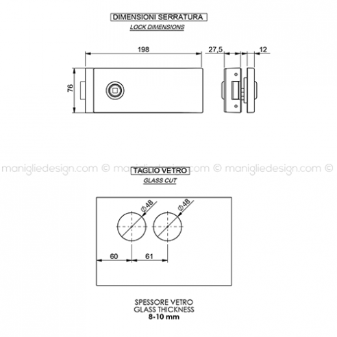 Serratura per porta in vetro foro maniglia SER006FM