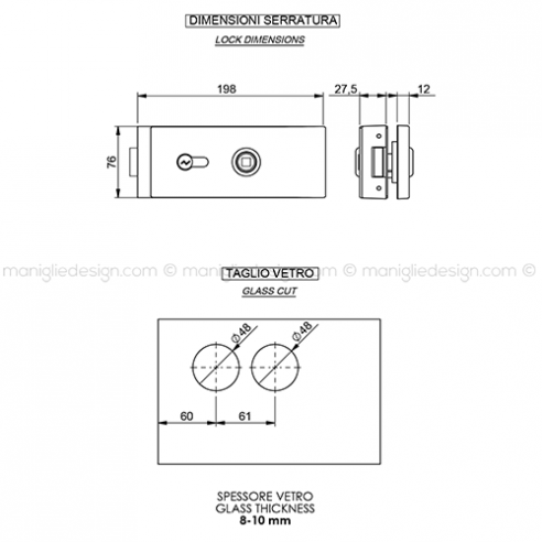 Serratura per porta in vetro foro maniglia con cilindro SER006FY