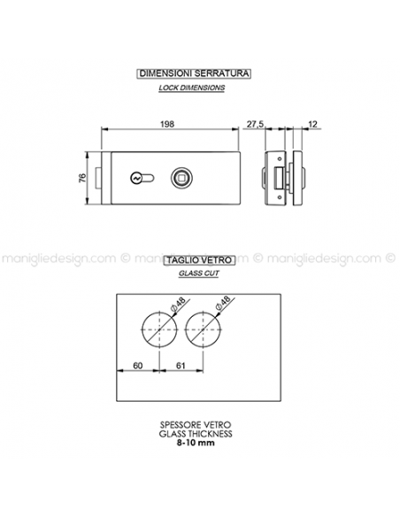 Serratura per porta in vetro foro maniglia con cilindro SER006FY