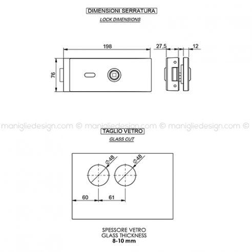 Serratura per porta in vetro foro maniglia con chiave SER006FC