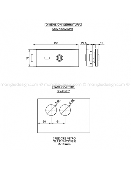 Serratura per porta in vetro foro maniglia con chiave SER006FC