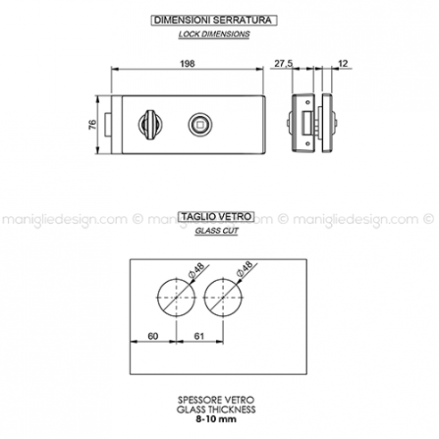 Serratura per porta in vetro foro maniglia con nottolino WC SER006FM