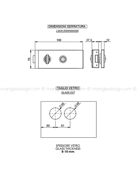 Serratura per porta in vetro foro maniglia con nottolino WC SER006FM