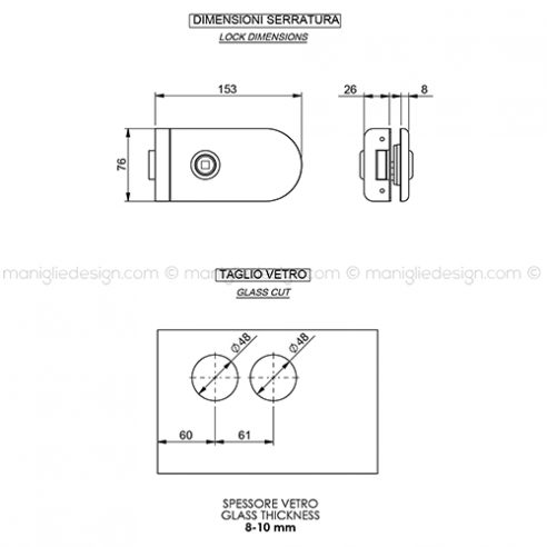 Serratura per porta in vetro foro maniglia SER007FM
