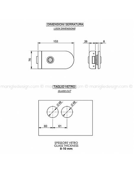 Serratura per porta in vetro foro maniglia SER007FM