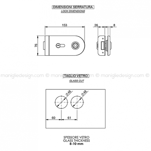 Serratura per porta in vetro foro maniglia con cilindro SER007FY