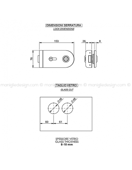 Serratura per porta in vetro foro maniglia con cilindro SER007FY