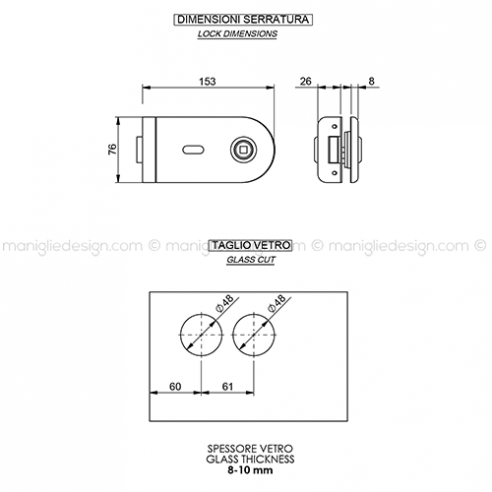 Serratura per porta in vetro foro maniglia con chiave SER007FC