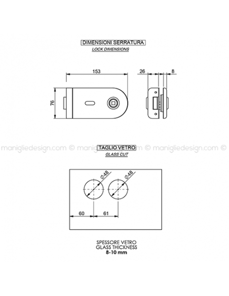 Serratura per porta in vetro foro maniglia con chiave SER007FC