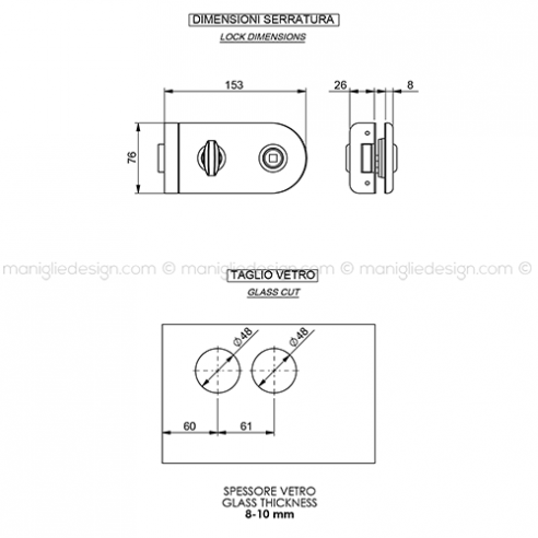 Serratura per porta in vetro foro maniglia con nottolino WC SER007FM