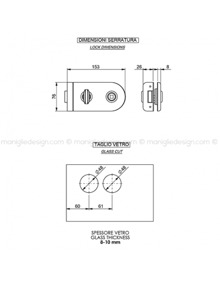 Serratura per porta in vetro foro maniglia con nottolino WC SER007FM