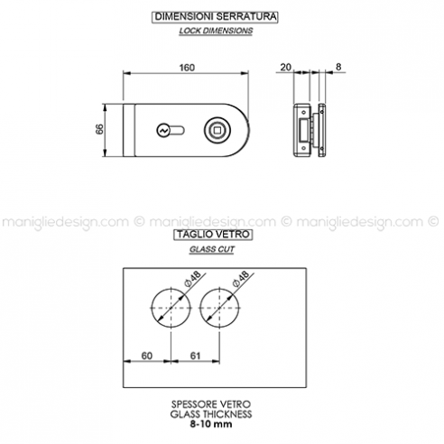 Serratura per porta in vetro foro maniglia con cilindro SER008FY