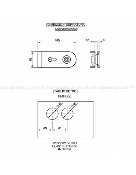 Serratura per porta in vetro foro maniglia con cilindro SER008FY