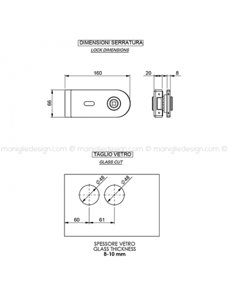 Serratura per porta in vetro foro maniglia con chiave SER008FC
