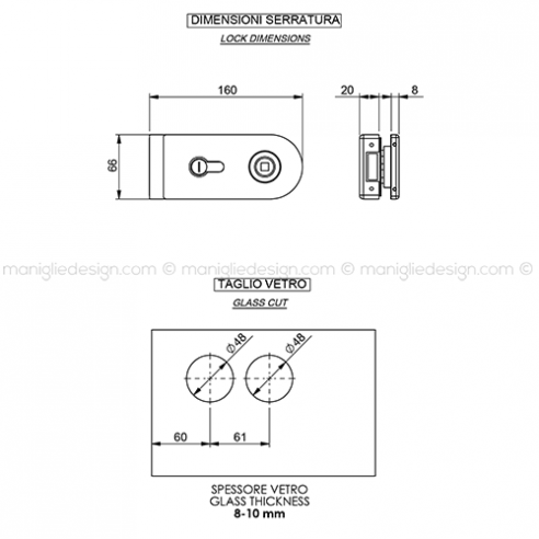 Serratura per porta in vetro foro maniglia con nottolino WC SER008WC