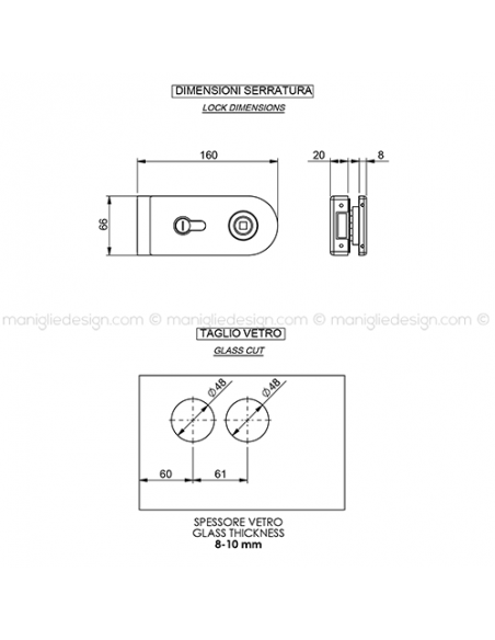 Serratura per porta in vetro foro maniglia con nottolino WC SER008WC