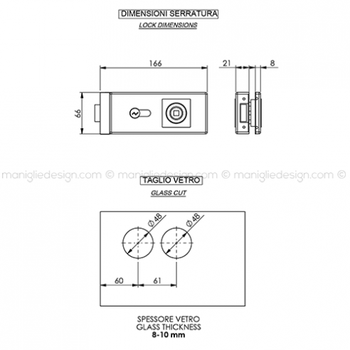 Serratura per porta in vetro foro maniglia con cilindro SER009FY