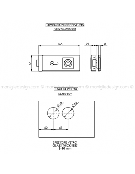Serratura per porta in vetro foro maniglia con cilindro SER009FY