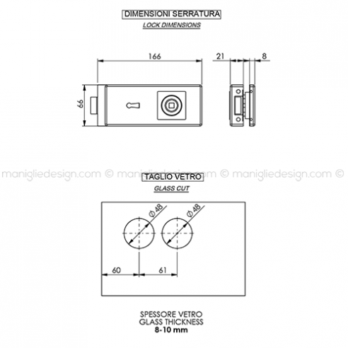 Serratura per porta in vetro foro maniglia con chiave SER009FC