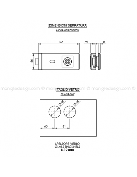 Serratura per porta in vetro foro maniglia con chiave SER009FC