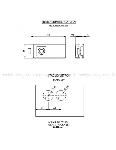 Serratura per porta in vetro foro maniglia SER010FM