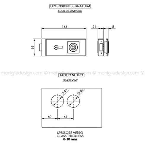 Serratura per porta in vetro foro maniglia con cilindro SER010FY