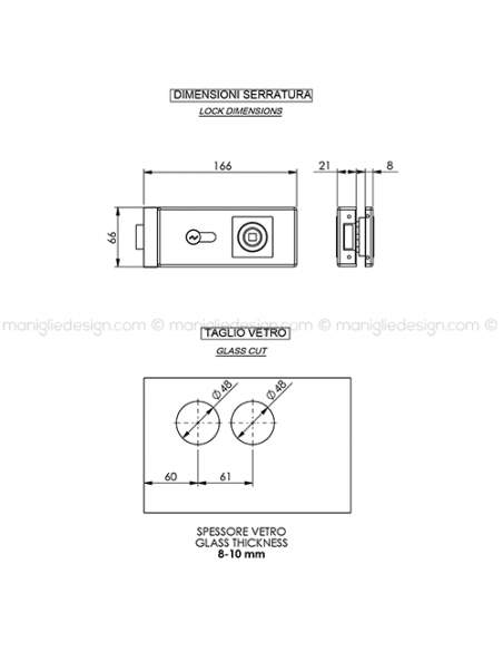 Serratura per porta in vetro foro maniglia con cilindro SER010FY