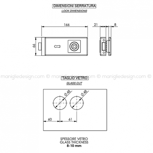 Serratura per porta in vetro foro maniglia con chiave SER010FC