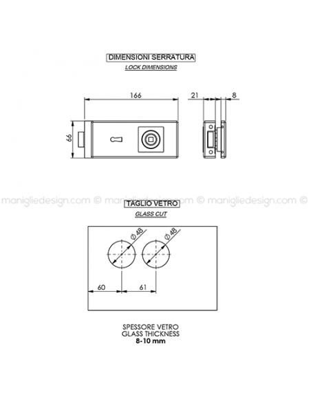 Serratura per porta in vetro foro maniglia con chiave SER010FC