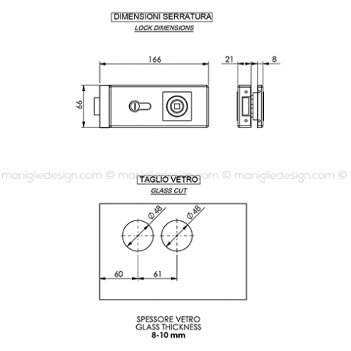 Serratura per porta in vetro foro maniglia con nottolino WC SER010WC