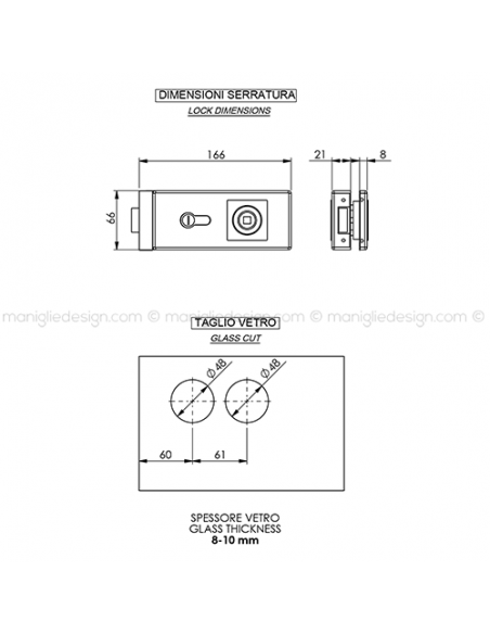 Serratura per porta in vetro foro maniglia con nottolino WC SER010WC