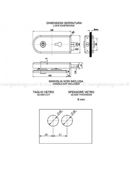 Serratura magnetica per porta in vetro foro maniglia con cilindro SER014FY