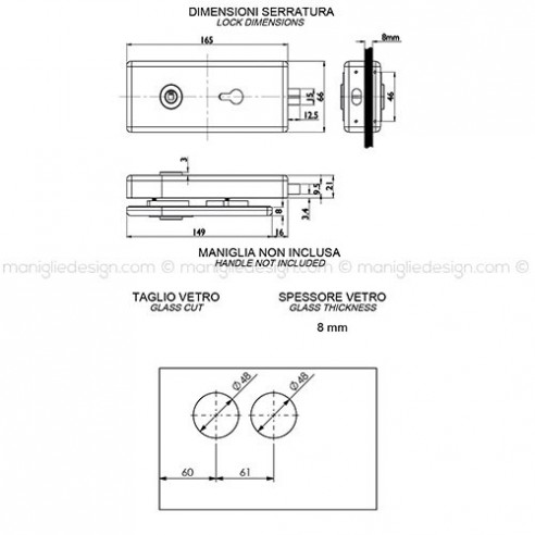 Serratura magnetica per porta in vetro foro maniglia con cilindro SER015FY
