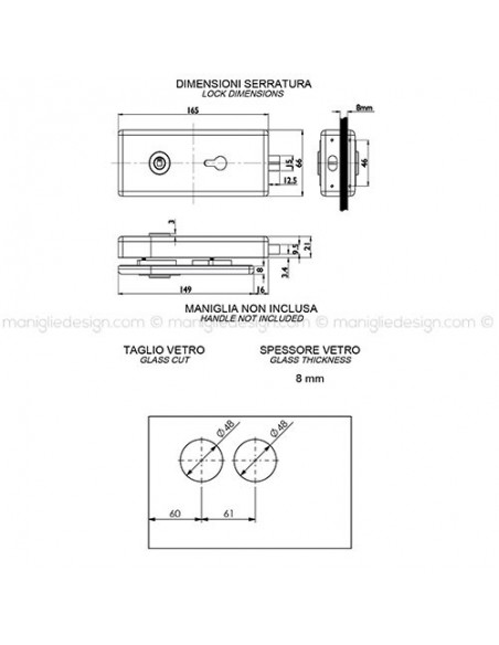 Serratura magnetica per porta in vetro foro maniglia con cilindro SER015FY