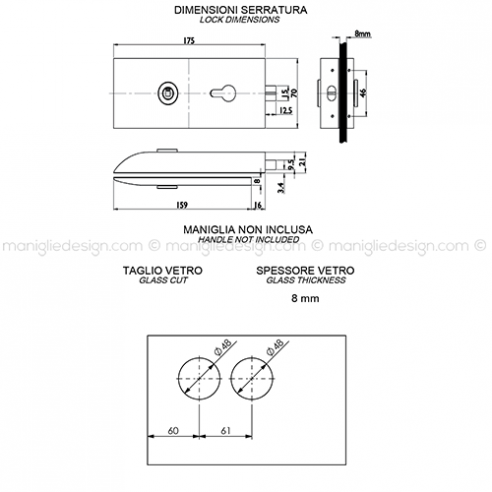 Serratura magnetica per porta in vetro foro maniglia SER016FM