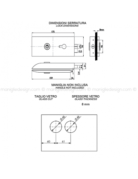 Serratura magnetica per porta in vetro foro maniglia con chiave SER016BB