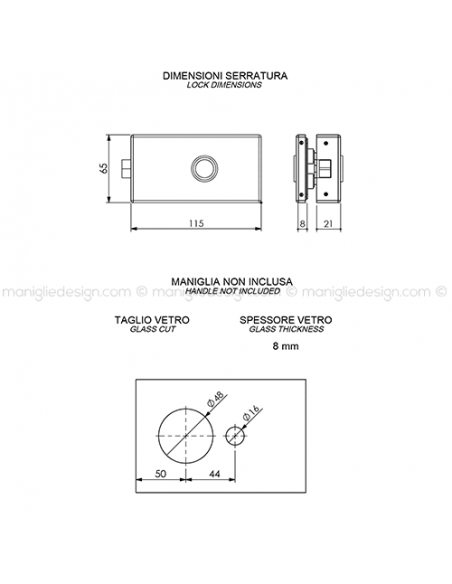 Serratura magnetica per porta in vetro foro maniglia SER022FM