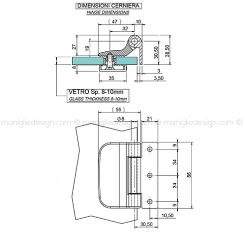 Cerniera per porta in vetro orizzontale con supporto CER204SUC