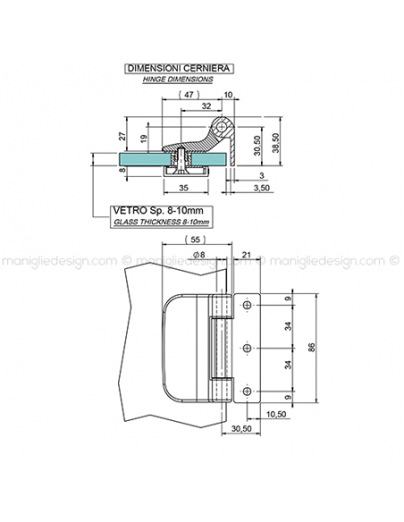 Cerniera per porta in vetro orizzontale con supporto CER204SUC