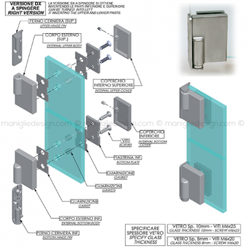 Cerniera reversibile a pavimento per porta in vetro CER302C con piastrina laterale