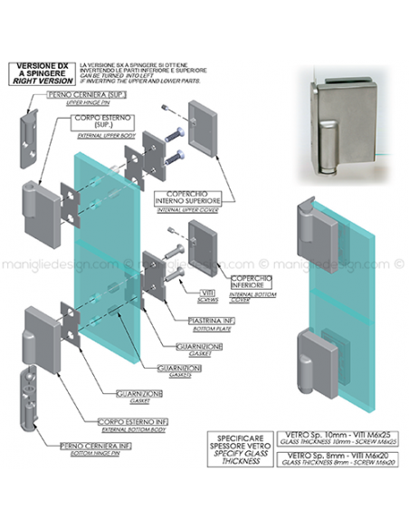 Cerniera reversibile a pavimento per porta in vetro CER302C con piastrina laterale