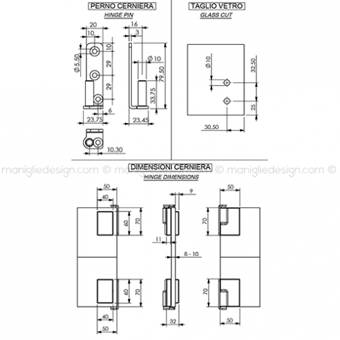 Cerniera reversibile a pavimento per porta in vetro CER302C con piastrina laterale