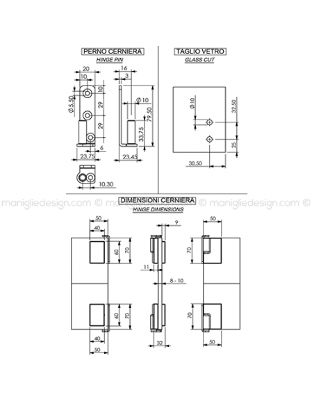 Cerniera reversibile a pavimento per porta in vetro CER302C con piastrina laterale