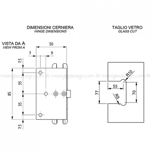 Cerniera automatica con aletta spostata per porta in vetro apertura 0+90-90 CER402S