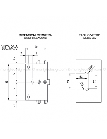 Cerniera automatica con aletta spostata per porta in vetro apertura 0+90-90 CER402S
