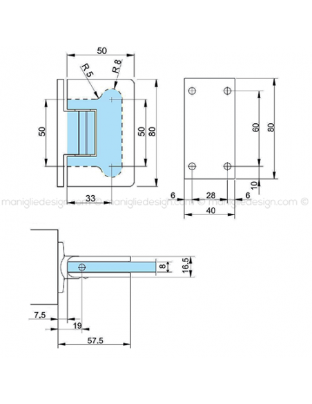 Cerniera a scatto per box doccia in vetro stop a 0+90-90 CER404S