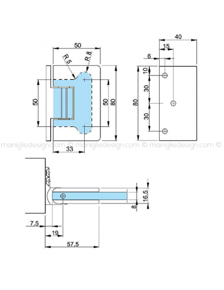 Cerniera a scatto per box doccia in vetro con aletta spostata stop a 0+90-90 CER405S