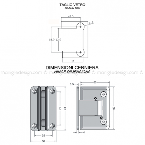 Cerniera automatica per porta in vetro apertura 0+90-90 CER417S