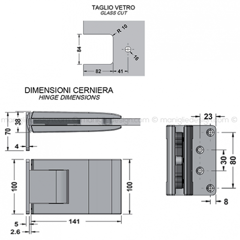 Cerniera idraulica per porta in vetro con aletta spostata apertura 0+90-90 CER425S