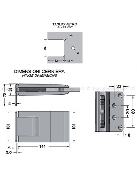 Cerniera idraulica per porta in vetro con aletta spostata apertura 0+90-90 CER425S